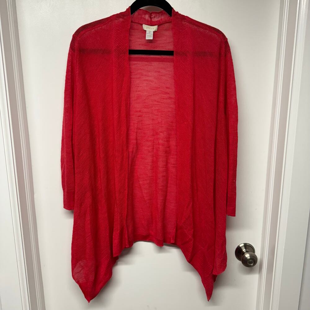 Chicos Womens Strawberry Red Open Front Drape Cardigan Sweater Size 2/Large Knit